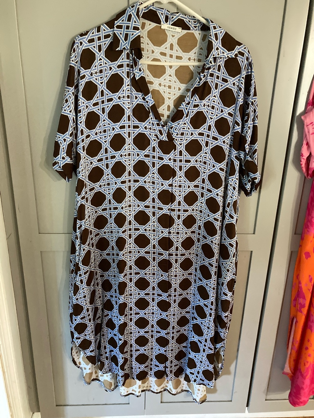 Brown & Light Blue Geometric Midi Dress